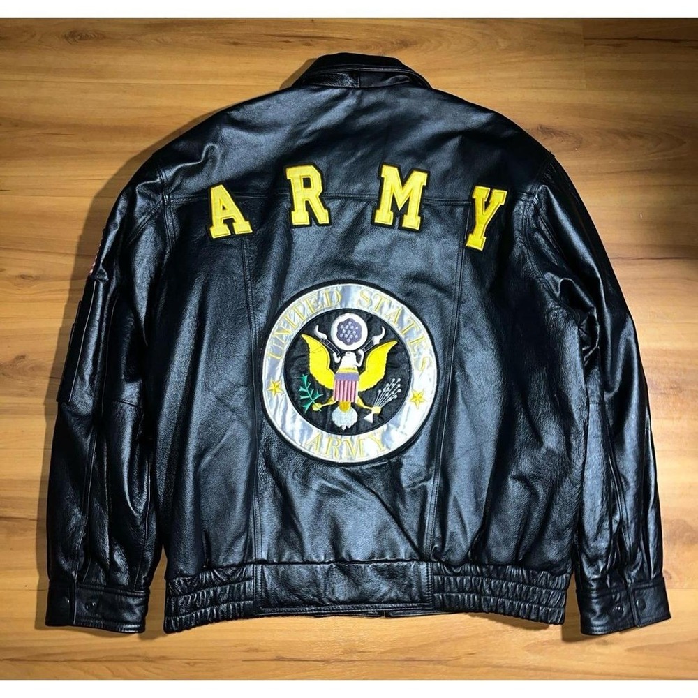 USA Army Black 100% Genuine Leather American Flag Patch Full Zip Bomber Jacket